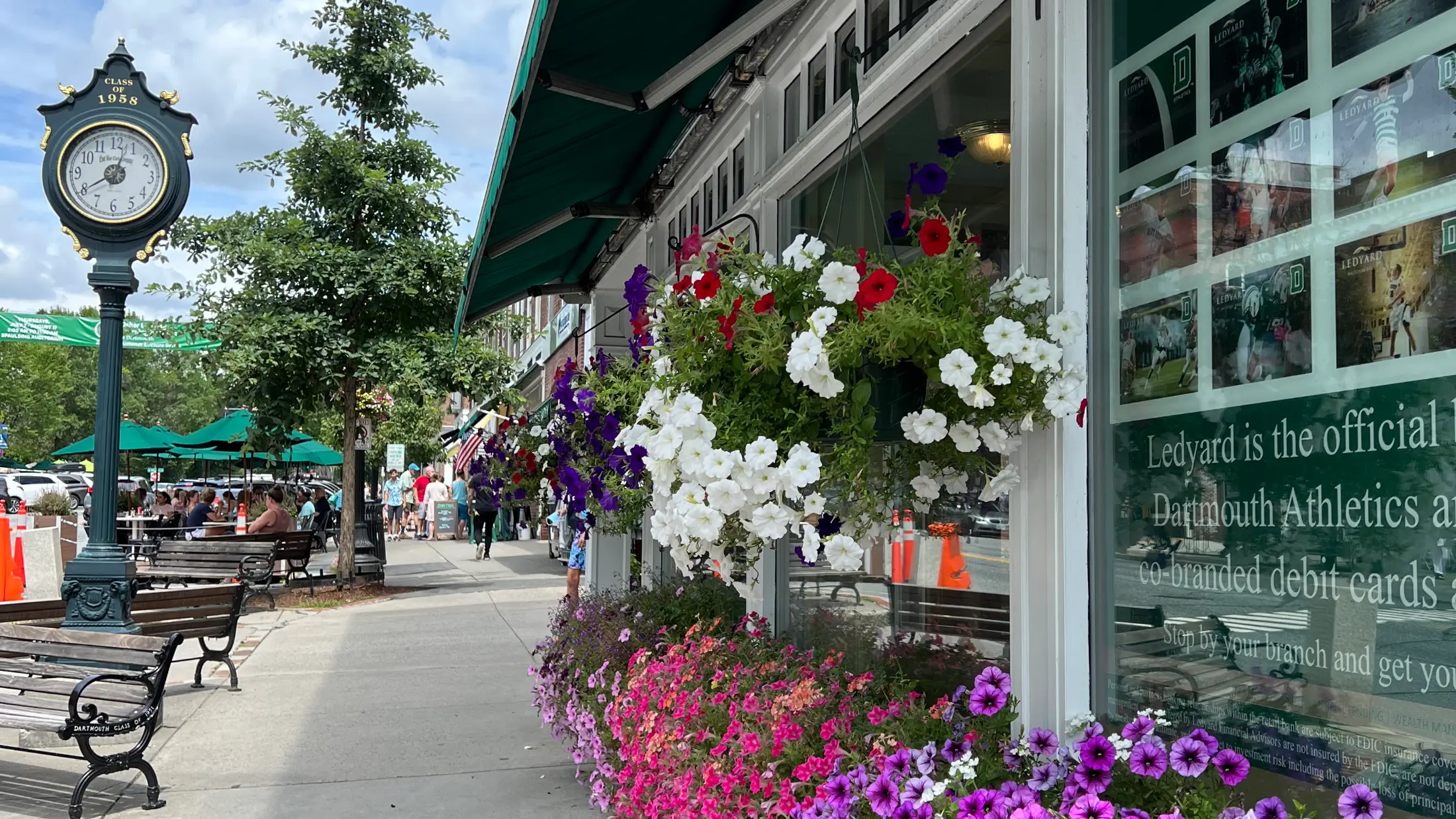 Summer flowers decorate Main Street in downtown Hanover, Hew Hampshire.
