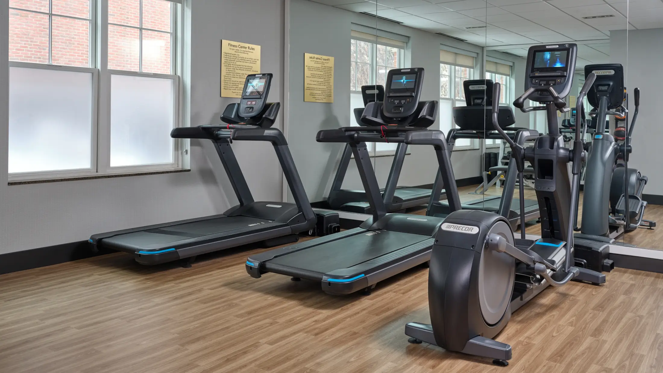 New Precor equipment in fitness room at Six South St Hotel in Hanover, New Hampshire.