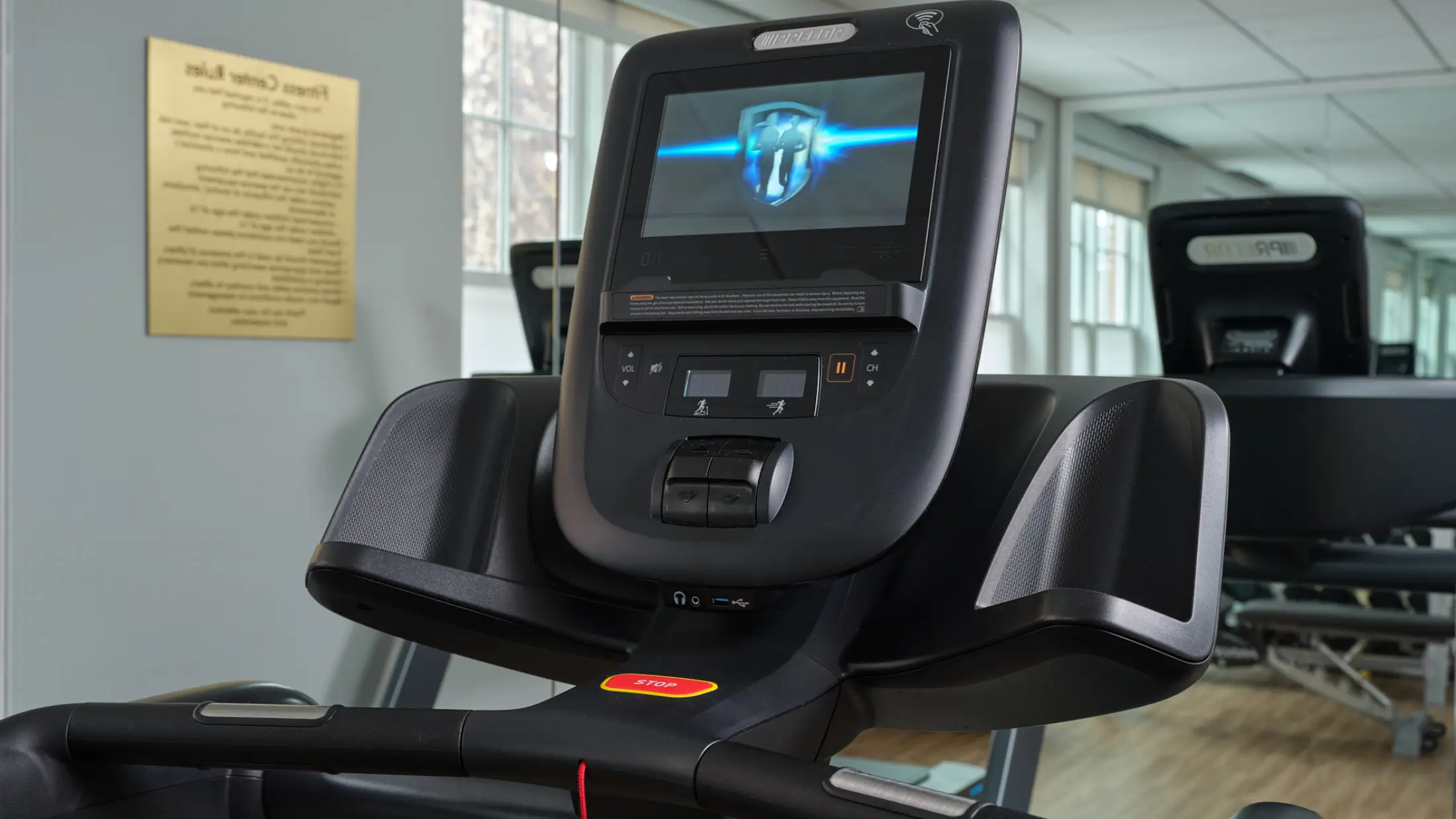 Digital display screen of new Precor equipment in fitness room at Six South St Hotel in Hanover, New Hampshire.